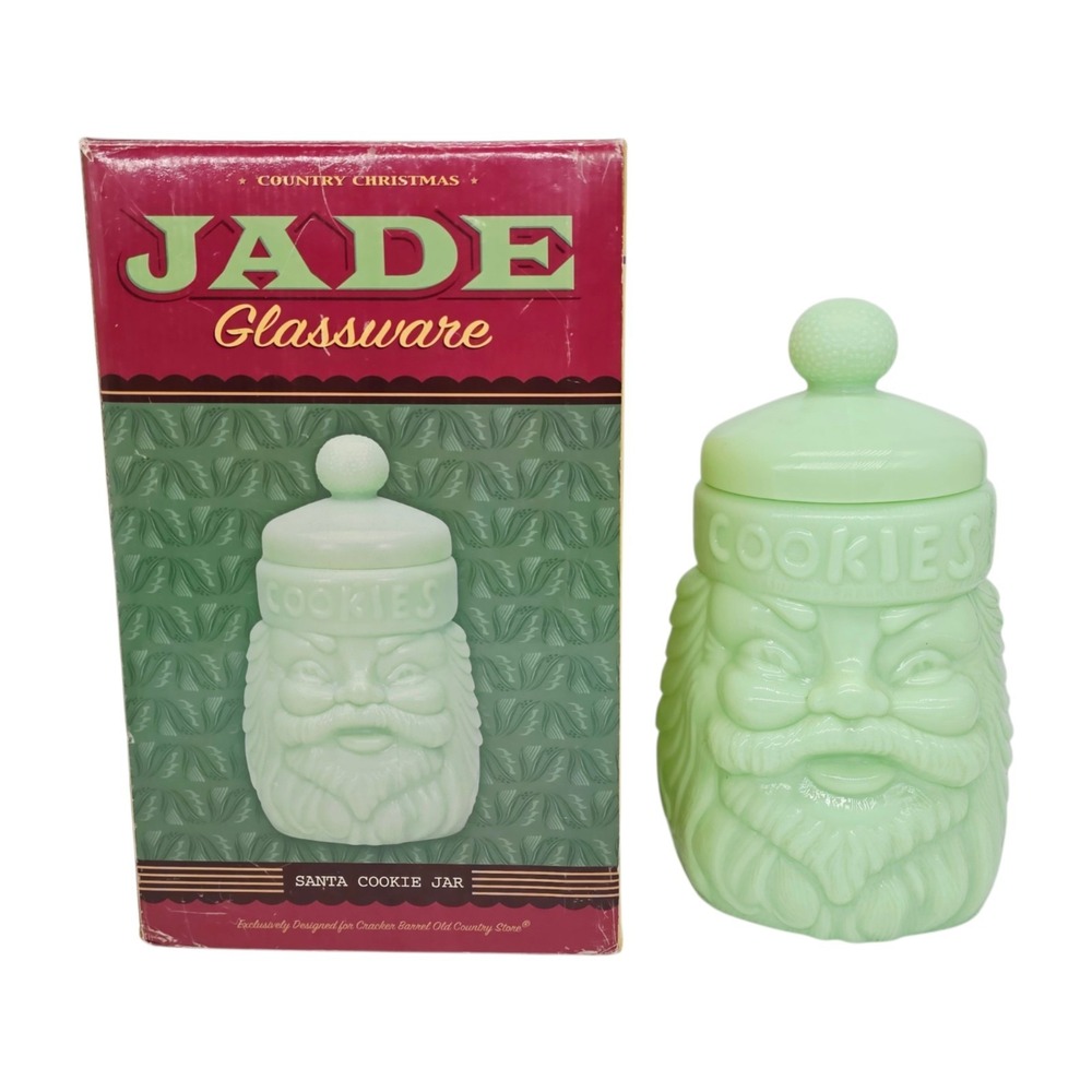 Vintage Cracker Barrel Jade Santa Cookie Jar Glass 11" Jadeite Green Claus & Box